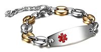 JF.JEWELRY Medical Alert ID Bracelet for Women & Girls with Stainless Steel Bean Chain,Adjustable,Red
