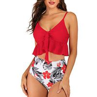 Women Fashion Two Piece Tankini Set Floral Print Swimsuits Ruffles High Waisted Leaves Print Swimwear(Red, S)