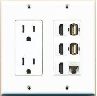 RiteAV - (2 Gang Decorative 15A Power Outlet 3 HDMI Cat5e White 2 USB A-A Wall Plate White