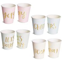 Juvale 48-Pack 9 Ounce Gold Foil and Pastel Paper Cups for Birthday and Bachelorette Party Supplies, Let's Party, Hooray, Yay, Cheers