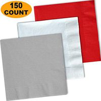 150 Lunch Napkins, Shimmering Silver, Bright White, Red - 50 Each Color. 2 Ply Paper Dinner Napkins. 6.5" folded, 13.5" unfolded.