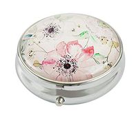 Hiuy Custom Personalized Round Glass Pill Box Pocket Travel Pill Case Vitamin Decorative Protector (Flowers)