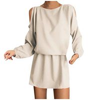 Eoeth Women Sexy Cold Shoulder Solid O-Neck Long Sleeves Hollow Out Mini Dress Fashion Casual Loose Sexy Romper Jumpsuit Khaki