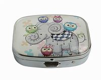 XingBoo Cartoon Elephant and Five Owls on Flowers Custom Square Silver Western Medicine Tablet Pocket Travel Pill Case Vitamin Glass Decorative Box