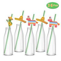 Mexican Fiesta Party Paper Straws 36 Pack Cinco de Mayo Drinking Striped Straws Festival Decor Favor Sombrero Donkey Cactus Decorative, 36PCS