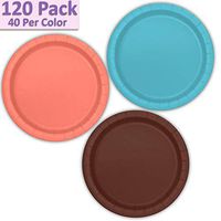 120 Paper Dessert Plates (7") - Aqua, Coral, Brown - 40 Per Color, 3 Colors - Great Assortment for Birthday Parties, Weddings, Holidays, Baby Shower, Celebrations, and more