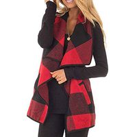 Womens Short Plaid Open Front Cardigan Casual Sleeveless Vest Coat Asymmetric Hem with Pockets Outerwear Coat (Red, XL)