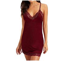 Haxikocty Sexy Lace Backless Lingerie Women V-Neck Pajamas Sleepwear Underwear Nightdress Wine