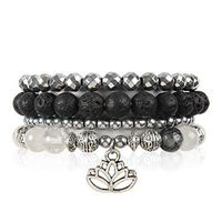 RIAH FASHION Bohemian Lava Stone Hematite Essential Oil Diffuser Multi Strand Bracelet - Healing Aroma Therapy Beaded Natural Volcano Rock Stretch Bangles (Lotus - White & Black Jade)