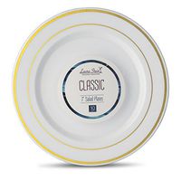 [60 Count - 7 Inch Plates] Laura Stein Designer Tableware Premium Heavyweight Plastic White Salad - Appetizer Plates With Gold Border, Party & Wedding Plate, Classic Series, Disposable Dishes