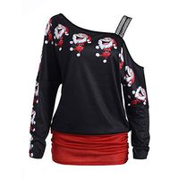 Coupondeal Womens Christmas Print Tops Long Sleeve Off Shoulder Long Blouse Shirt Tops XL(Red,XL)