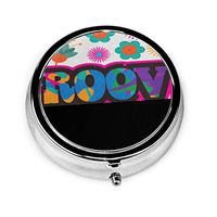 ZZguowuque Round Pill Case with 3 Compartment，Small Pill Case Portable for Pocket Purse， Travel Pills Box Orange 1960s Sixties Mod Pop Psychedelic Colorful Groovy Text Purple 1970s 60s