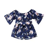 Baby Girl 's Cotton Bodysuit Bell Sleeve Off Shoulder Bow-Knot Floral Infant Romper Outfits Set for Toddler,Newborn