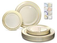 " OCCASIONS" 120 Plates Pack,(60 Guests) Heavyweight Premium Wedding Party Disposable Plastic Plates Set -60 x 10.5'' Dinner + 60 x 7.5'' Salad/Dessert (Lace Ivory/Gold)