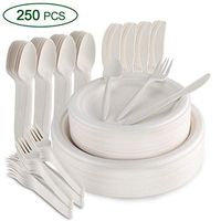 Aitsite 250 Pcs Compostable Disposable Dinnerware Set Includes Biodegradable Paper Plates Forks Knives Spoons for Wedding Party Camping Made of Natural Eco Friendly Sugar Cane Fibers (White)