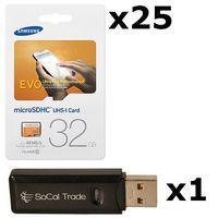 25 PACK - Samsung 32GB MicroSD HC Evo Class 10 UHS-1 TF MicroSDHC TransFlash High Speed Memory Card MB-MP32D 32G 32 GB GIGS (M.E32V.RTx25.550) LOT OF 25 with USB SoCal Trade© SCT Dual Slot MicroSD & SD Memory Card Reader - Retail Packaging