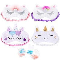 Whaline 4 Pieces Unicorn Sleeping Mask Eye Cover with 4 Ear Plugs, Plush Soft Plush Blindfold Cute Horn Eye Cover Eyeshade for Kids Women Girls Travel Meditation Nap Night Sleeping