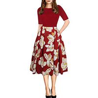 SADUORHAPPY Women's Vintage Patchwork Pockets Puffy Swing Casual Party Dress Red