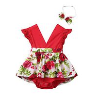 Baby Girls Bodysuits Headband Set YESOT Infant Girls Sleeveless Floral Printed Rompers V-Neck Lace Sleeveless (6-12 Months) Red