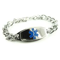 My Identity Doctor - Custom Engraved Mens Medical Alert Bracelet, 8mm Steel, Thick Figaro Chain - Blue - Wrist Size 8.5 Inch