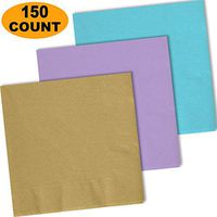150 Lunch Napkins, Glittering Gold, Lavender, Island Blue - 50 Each Color. 2 Ply Paper Dinner Napkins. 6.5" folded, 13.5" unfolded.