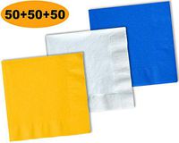 150 Beverage Napkins, Sunshine Yellow, Bright White, Cobalt Blue - 50 Each Color. 2 Ply Paper Cocktail Napkins. 5" folded, 10" unfolded.