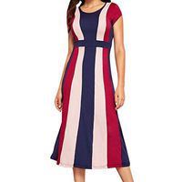 Women Striped Dress Summer Sexy Maxi Dresses Causal O-Neck Long Dress Sundress with Belt (Red, M)