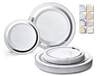 " OCCASIONS" 240 Plates Pack,(120 Guests) Premium Disposable Plastic Plates Set -120 x 10.5'' Dinner + 120 x 7.5'' Salad/Dessert (Soleil White/Silver)