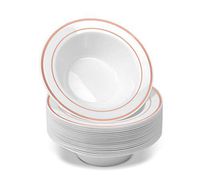BloominGoods 100 Disposable Plastic Dessert Bowls | SMALL 6 oz. White Rose Gold Rimmed Premium Heavy Duty Real China Design Reusable | Great for Parties (50-Pack)