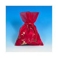 2 of Red Small Pull-Close Pouches (Floral Embroidery Fabric) 6 1/4 x 9 Inch