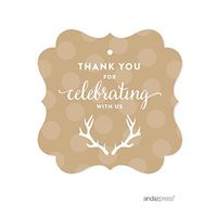 Andaz Press Birthday Fancy Frame Gift Tags, Thank You for Celebrating with Us, Tan Deer Antlers, 24-Pack, for Gifts and Party Favors