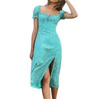 COLNER Women's Snowflake Print Backless Square Collar Sexy Split Beach Maxi Dress (XL, Green)
