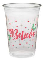 Greenhouse Compostables, Believe - Christmas Clear Cold Cups, 50 Count, 16 oz, 100% Compostable - Red Lettering With Green Holly, Christmas Holiday Party Disposable Cups