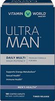 Vitamin World Ultra Man Daily Multivitamins 180 caplets, Energy Metabolism Support, Immune Health, Antioxidant Support, Coated, Timed-Release
