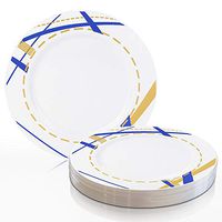 Elegant Disposable Plastic Dinner Plates 120 Pcs - 10.25" Heavy Duty Fancy White with Blue & Gold Rim Dinner Plates - Bulk Reusable Party Supplies For Wedding, Easter, Birthday Parties & All Occasions