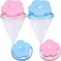 Chercherr Reusable Washing Machine Floating Lint Mesh Bag Portable Washer Lint Catcher, Plum Blossom Shape Pet Hair Catcher, Net Pouch Washing Machine Lint Trap for Household Tool (4PC Blue+Pink)