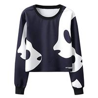 Alangbudu Women Cute Contrast Panda Printed Cropped Tops Long Sleeve Sweatshirt Baggy Blouse Loose Shirt Casual Pullover Black
