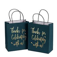 LaRibbons Medium Size Gift Bags - Gold Foil"Thanks for celebrating with us" Navy Paper Bags with Handles for Wedding, Birthday, Baby Shower, Party Favors - 12 Pack - 8" x 4" x 10"