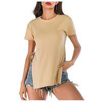 Meikosks Women's Side Split T-Shirt O-Neck Short Sleeve Tops Casual Blouses Solid Color Pullover Yellow