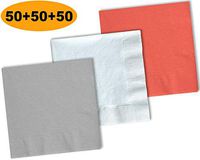 150 Beverage Napkins, Shimmering Silver, Bright White, Coral - 50 Each Color. 2 Ply Paper Cocktail Napkins. 5" folded, 10" unfolded.