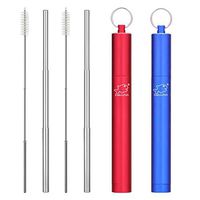 Dakoufish 2 Pack 9 Inch Reusable Metal Straws Collapsible Stainless Steel Drinking Straw Portable Telescopic Travel Straw with Case & Cleaning Brush（9inch，Red+Blue）