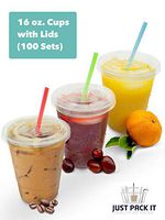 [100 Sets - 16 oz. With Lids] PREMIUM Plastic Cups With Flat Lids - Ice Coffee Juice Smoothie Clear Disposable Recyclable Cups | For Iced, Cold, Frozen, Cool or Room Temperature Beverages