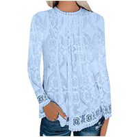Meikosks Women's Lace Tops Long Sleeve O-Neck Blouses Pullover Solid Color T Shirt Casual Tunic Blue