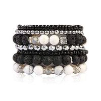 RIAH FASHION Bohemian Lava Stone Hematite Essential Oil Diffuser Multi Strand Bracelet - Healing Aroma Therapy Beaded Natural Volcano Rock Stretch Bangles Lotus ([S-M] 7 Layer Mix - White Howlite)