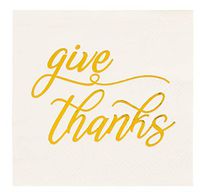 Cocktail Napkins - 50-Pack Disposable Paper Napkins, Autumn Thanksgiving Dinner Party Supplies, 3-Ply, Give Thanks in Metallic Gold Foil, White, Unfolded 10 x 10 Inches, Folded 5 x 5 Inches