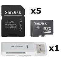5 Pack - SanDisk 8GB MicroSDHC Memory Card SDSDQAB-008G (Bulk Packaging) LOT of 5 with Sandisk SD Adapter and 1 x USB 3.0 MicoSD & SD Memory Card Reader