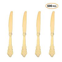 Plastic Gold Knives Heavyweight 600 Pcs - Heavy Duty Fancy Baroque Silverware - Disposable Knife Party Set - Bulk Cutlery Utensils Flatware Supplies For Wedding, Easter, Birthday & All Occasions