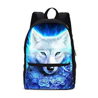 KiuLoam Cool 3D White Wolf with Rose Kids School Backpack 17 Inch Bookbag Teens Shoulder Travel Bag Rucksack for Boys Girls Back to School