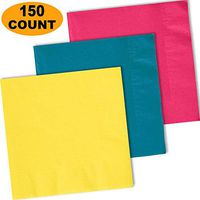 150 Lunch Napkins, Lemon Yellow, Turquoise, Electric Pink - 50 Each Color. 2 Ply Paper Dinner Napkins. 6.5" folded, 13.5" unfolded.