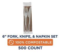 100% Compostable Cutlery Sets by World Centric, Made from TPLA, Assorted Cutlery Individually Wrapped with Fork, Knife, Napkin (Pack of 500)